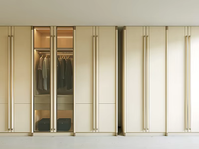 Modern Light Luxury Cream Wardrobe With Glass Doors And Built In Lighting For Bedroom Storage 3d model