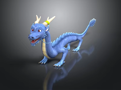 Blue Dragon With Yellow Horns Open Mouth Tail On Black Surface And Reflection 3d model