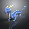 Blue Dragon With Yellow Horns Open Mouth Tail On Black Surface And Reflection
