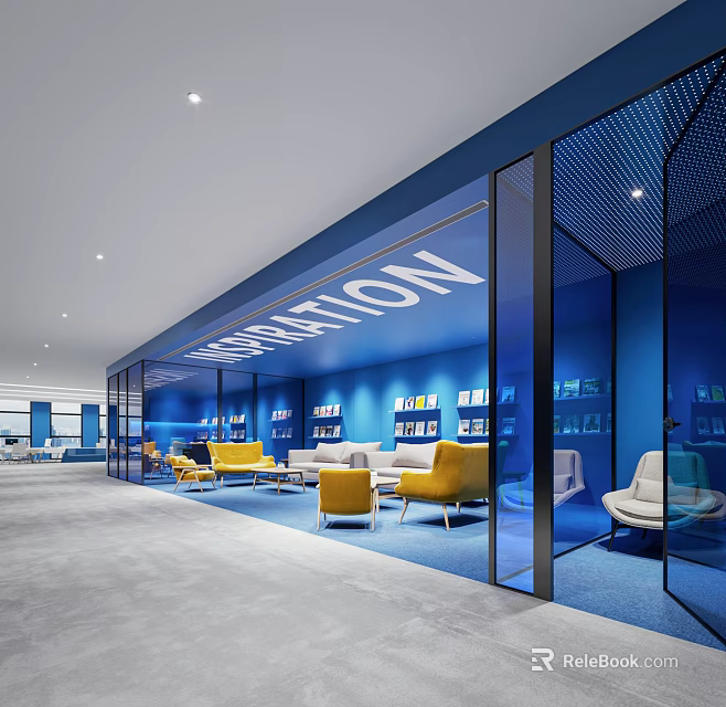 Modern Office Corridor With Blue Wall Glass Partition Communication Signage Bookshelves Sofa And Yellow Chairs 3d model 