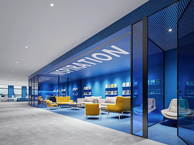 Modern Office Corridor With Blue Wall Glass Partition Communication Signage Bookshelves Sofa And Yellow Chairs 3d model
