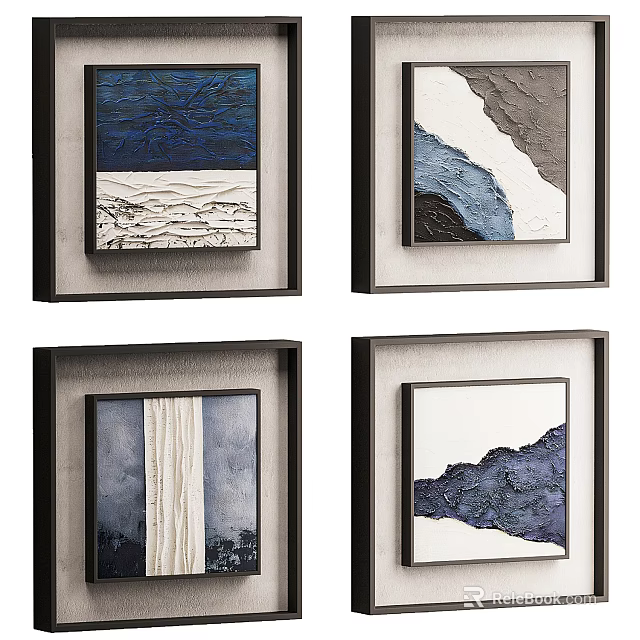 Modern Abstract Paintings Wall Art With Blue Gray Textured Patterns And Black Frames 3d model