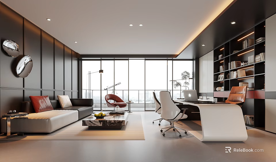 Modern Office Interior Design With Sofa Coffee Table Desk Bookshelves And Large Windows 3d model 