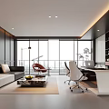 Modern Office Interior Design With Sofa Coffee Table Desk Bookshelves And Large Windows