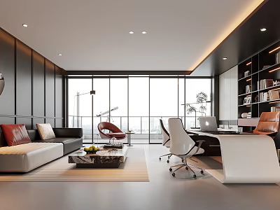 Modern Office Interior Design With Sofa Coffee Table Desk Bookshelves And Large Windows 3d model