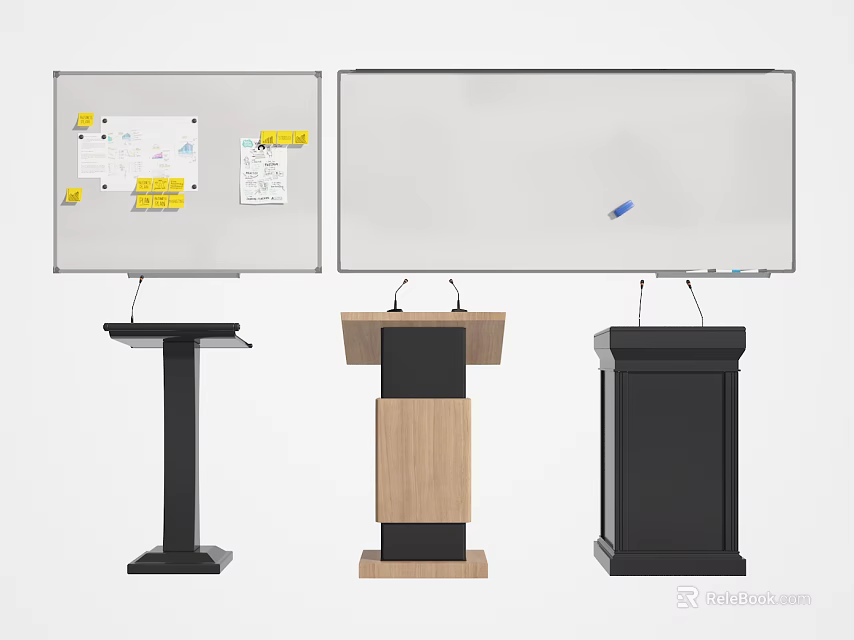 Three Varied Podium Styles Featuring Whiteboard And Bulletin Board For Presentations 3d model 