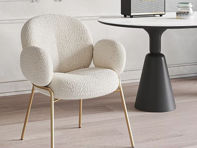 Beige Fleece Dining Chair With Golden Legs And Black Round Table 3d model