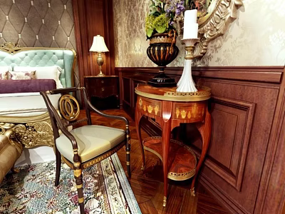 Elegant Single Sofa In Classic Bedroom With Wooden Walls Table Lamp And Floral Vase 3d model