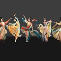 Women dancing in colorful traditional costumes with flowing skirts against black background on reflective floor
