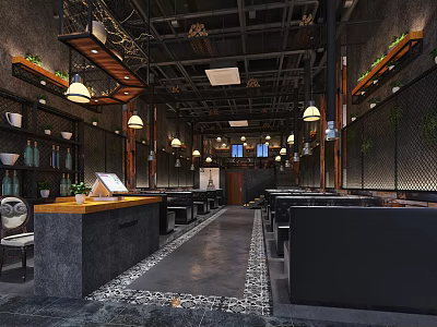 Industrial Restaurant Interior Design With Pendant Lights Dining Seating And Decorative Walls 3d model