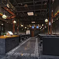 Industrial Restaurant Interior Design With Pendant Lights Dining Seating And Decorative Walls