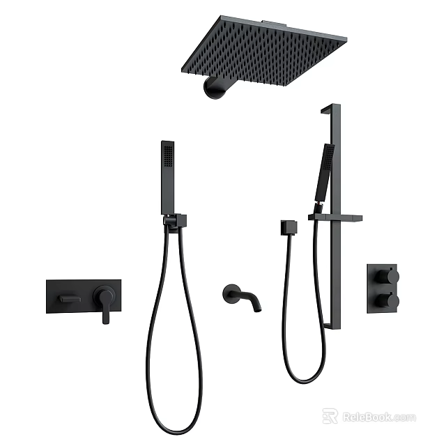 Black Shower Faucet with Handheld Sprayer Fixed Head and Modern Design Components 3d model