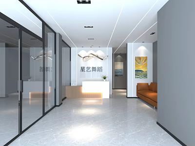 Modern Front Desk Reception Area With Glass Partitions Sofa And Decorative Painting 3d model