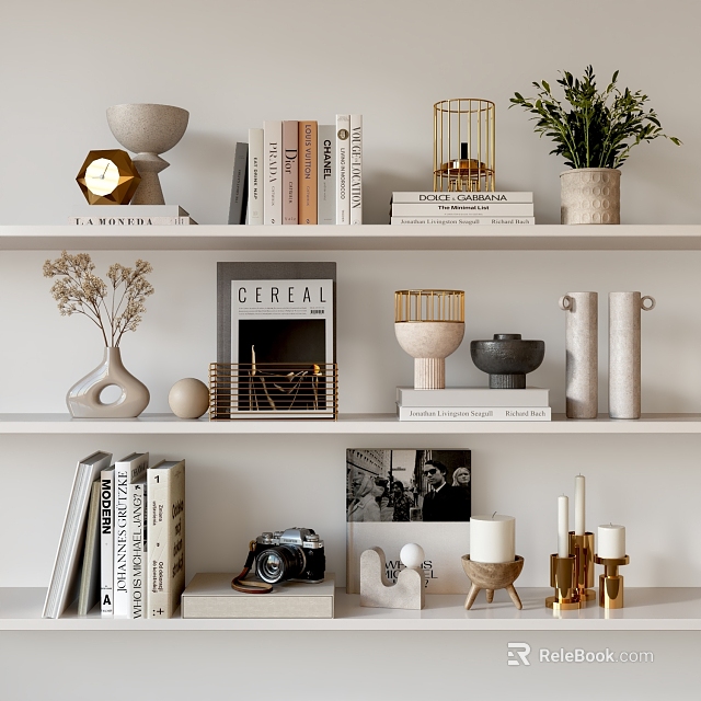 Decorative Ornament Combinations For Shelf Display With Books Vase Camera Candle Holders And Plant 3d model 