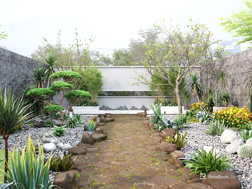 Natural Garden Landscape Design With Stone Path Lush Green Plants And Rocks 3d model 