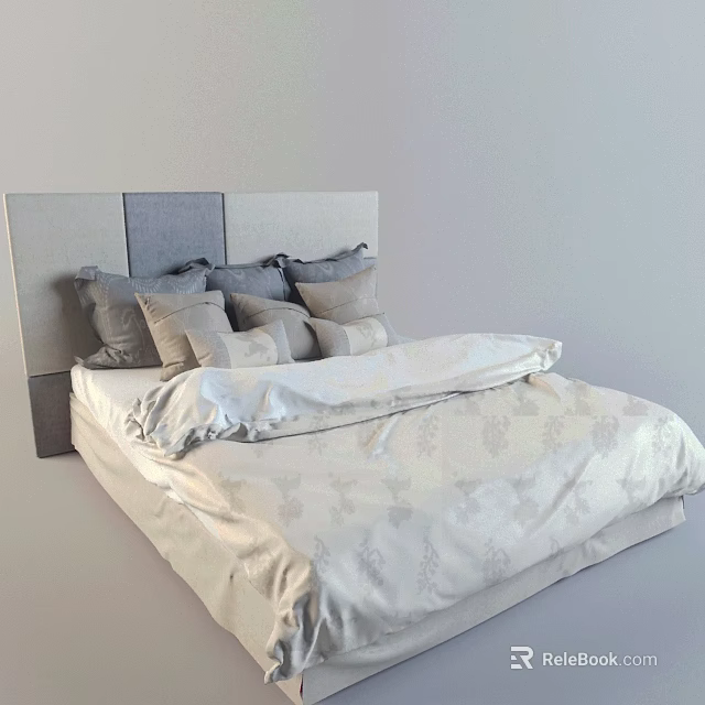 Modern Minimalist Double Bed With Grey Panel Headboard Multiple Grey Pillows And Light Patterned Bedspread 3d model