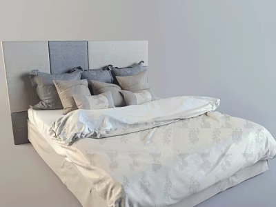 Modern Minimalist Double Bed With Grey Panel Headboard Multiple Grey Pillows And Light Patterned Bedspread 3d model