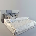 Modern Minimalist Double Bed With Grey Panel Headboard Multiple Grey Pillows And Light Patterned Bedspread 3d model