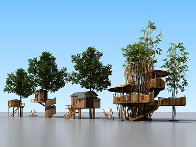 Charming Wooden Tree Houses With Spiral Staircases And Green Trees 3d model