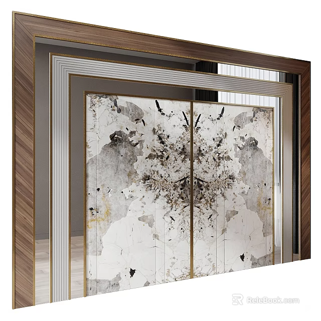 Modern Accent Wall Design With Abstract Ink Pattern And Gold Frame Detailing 3d model 