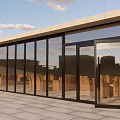 Modern Building Exterior With Glass Doors Windows And Outdoor Terrace Wicker Chairs Gray Tile Floor