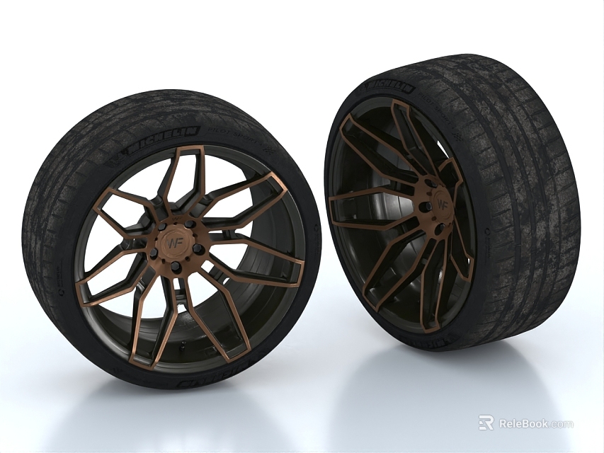 Car Tires with Copper Spoke Alloy Wheels and Black Rubber Tread Design 3d model 