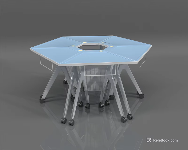 Hexagonal Table With Light Blue Top Metal Frame And Rolling Wheels 3d model