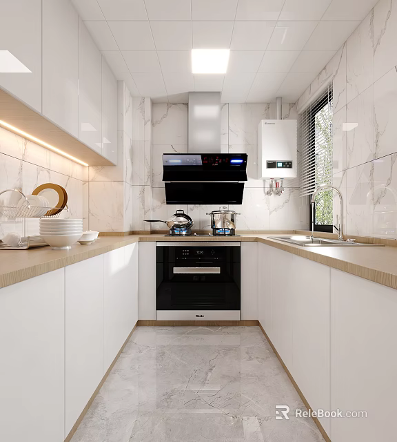 Sleek White Kitchen Interior With Marble Walls Built-in Oven And Countertops 3d model 