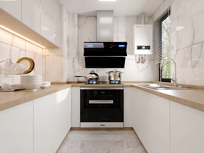 Sleek White Kitchen Interior With Marble Walls Built-in Oven And Countertops 3d model