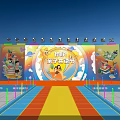 Vibrant Dream Stage With Colorful Lights Cartoon Decorations And Purple Seats For Kids