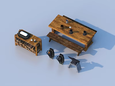 Vintage Wooden Furniture Collection With Table Bench Stove Dumbbells And Anvil 3d model