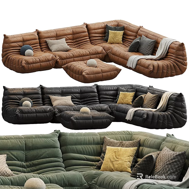Modern Sectional Sofa With Puffed Design Decorative Pillows And Matching Ottoman 3d model 