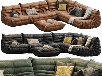 Modern Sectional Sofa With Puffed Design Decorative Pillows And Matching Ottoman 3d model