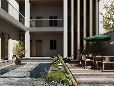 Modern Courtyard Garden With Stone Pathway Water Feature Green Plants And Outdoor Dining Set 3d model