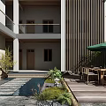Modern Courtyard Garden With Stone Pathway Water Feature Green Plants And Outdoor Dining Set