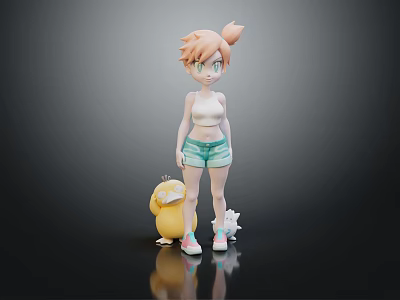 Anime Style Female Character With Blonde Hair Green Shorts And Two Small Creatures 3d model