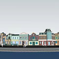 Vibrant Commercial Street With Colorful Buildings Street Lamp Woman Walking Blue Car And Blue Sky