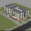 Modern Townhouses With Gray Roofs White Wooden Exteriors Green Lawns Driveway And Parked Cars