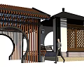 Chinese Traditional Landscape Pavilion With Wooden Lattice Windows Arched Corridor And Person Walking