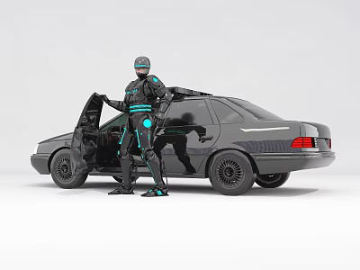 Smart Robot Assisting With Car Door Opening For Black Sedan 3d model