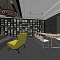 Hotel Public Lounge Area With Grey Sofa Yellow Chairs Green Wall And Circular Pendant Lights