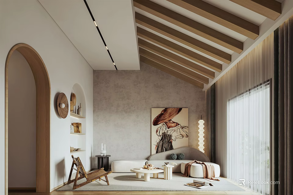 Modern Living Room Interior With Sloped Wooden Ceiling Arched Doorway Sofa Artwork And Coffee Table 3d model 