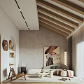 Modern Living Room Interior With Sloped Wooden Ceiling Arched Doorway Sofa Artwork And Coffee Table
