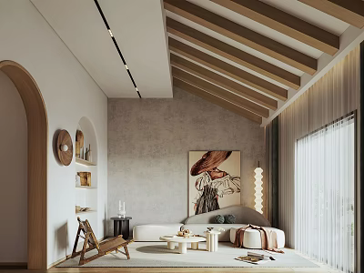 Modern Living Room Interior With Sloped Wooden Ceiling Arched Doorway Sofa Artwork And Coffee Table 3d model