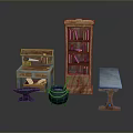 Collection of Wooden Furniture Including Bookshelf Workbench Barrel Stool and Table