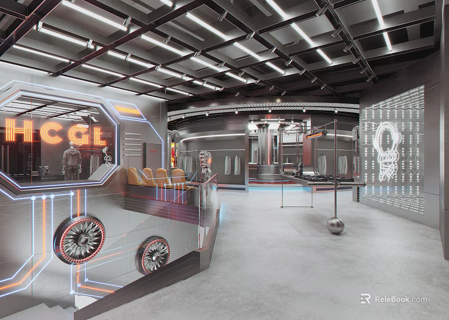 Modern Tech Inspired Clothing Store With Glowing HCGE Logo Vehicle Design Elements And Clothing Displays 3d model 
