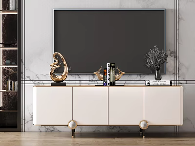 Modern White TV Stand With Gold Accents And Decorative Sculpture On Marble Wall 3d model