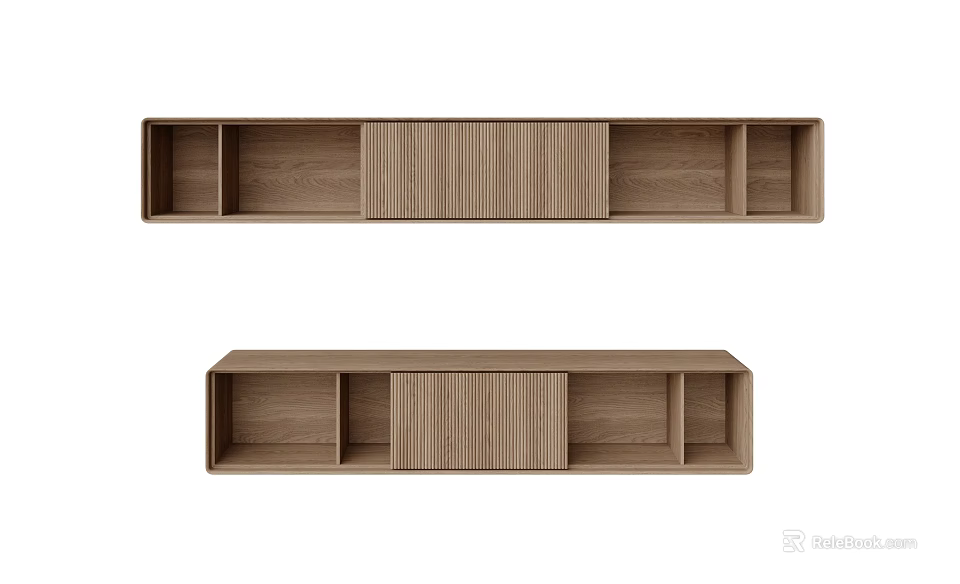 Sleek Wooden Wall And Hanging Cabinets With Ribbed Doors And Oak Finish 3d model 
