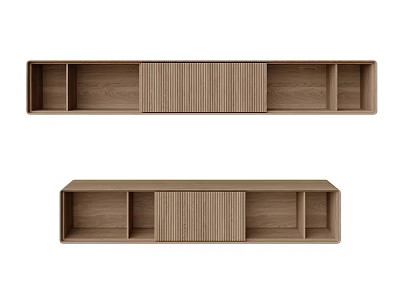 Sleek Wooden Wall And Hanging Cabinets With Ribbed Doors And Oak Finish 3d model