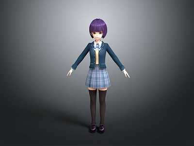 Anime Game Character With Purple Hair Blue Blazer Plaid Skirt And Black Stockings 3d model